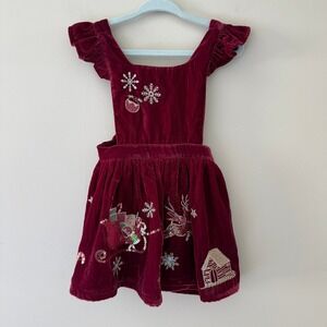 Monsoon Baby Girl Burgundy Velvet Christmas Reindeer Pinafore Dress 6-12 Months‎